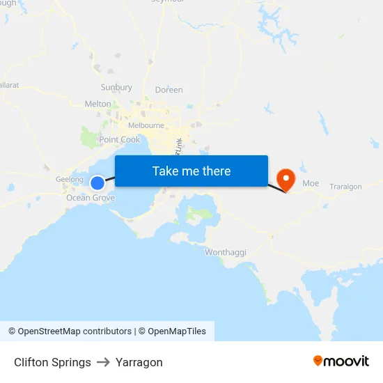 Clifton Springs to Yarragon map