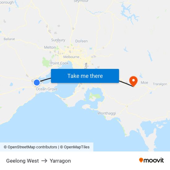 Geelong West to Yarragon map