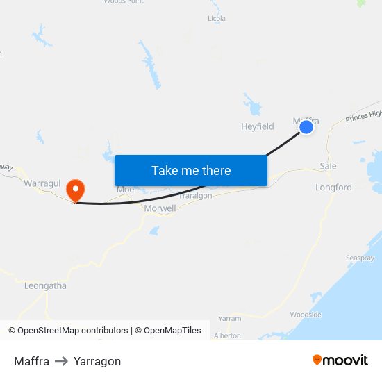 Maffra to Yarragon map