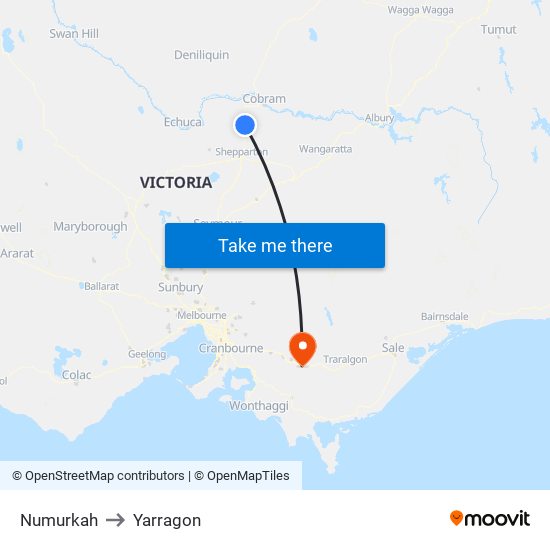 Numurkah to Yarragon map