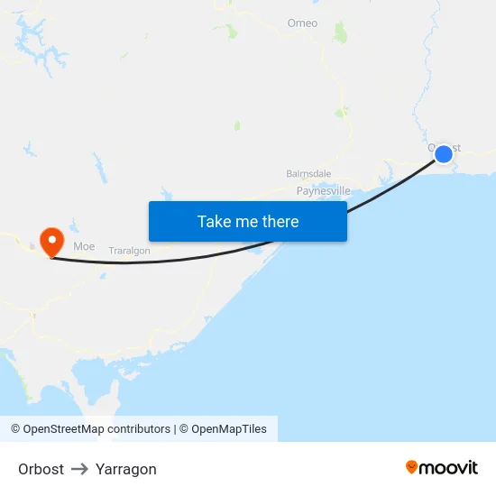 Orbost to Yarragon map