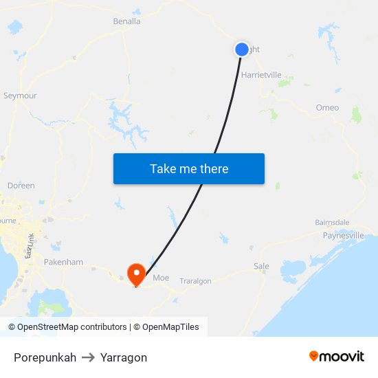 Porepunkah to Yarragon map