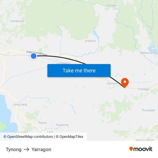 Tynong to Yarragon map