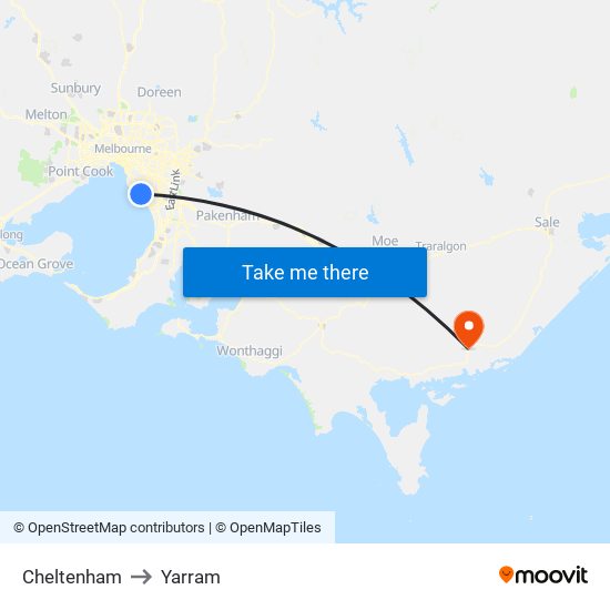 Cheltenham to Yarram map