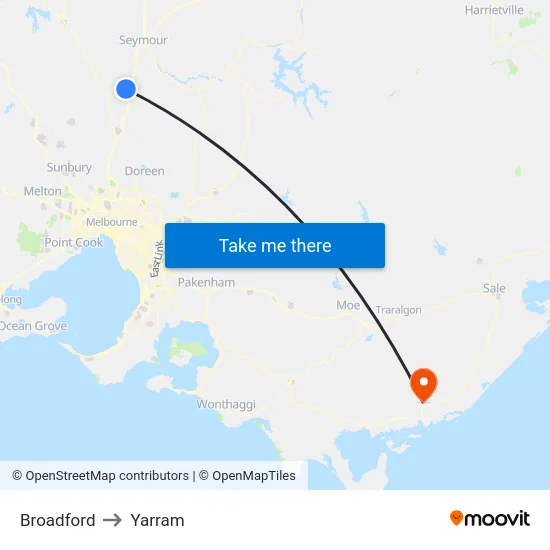 Broadford to Yarram map