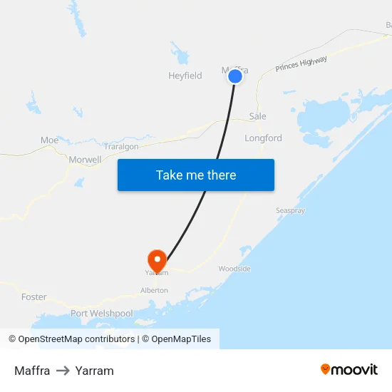 Maffra to Yarram map