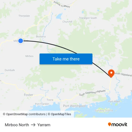 Mirboo North to Yarram map