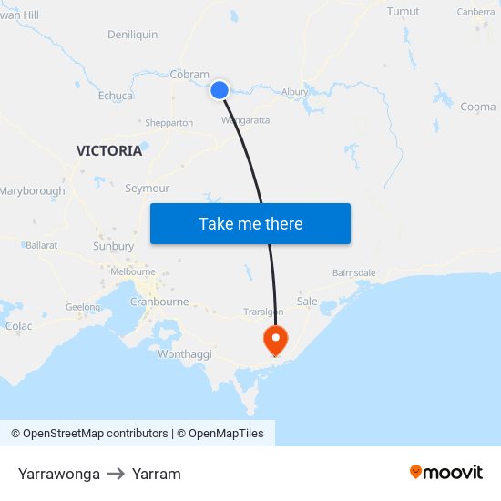 Yarrawonga to Yarram map