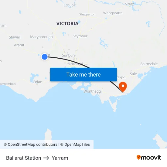 Ballarat Station to Yarram map