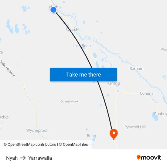 Nyah to Yarrawalla map