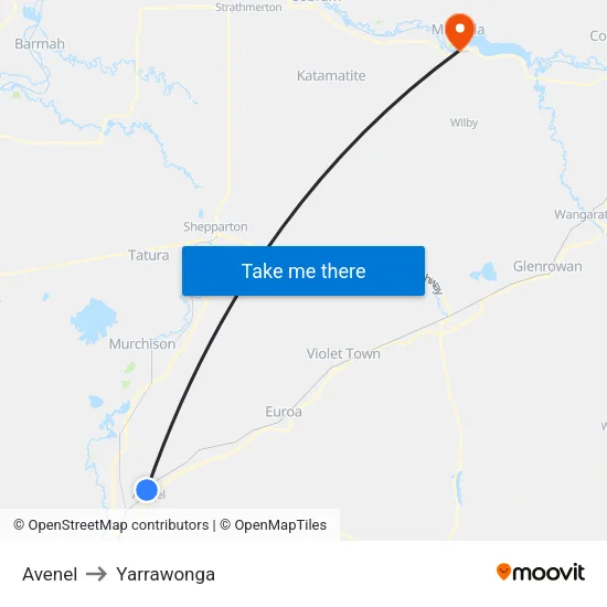 Avenel to Yarrawonga map