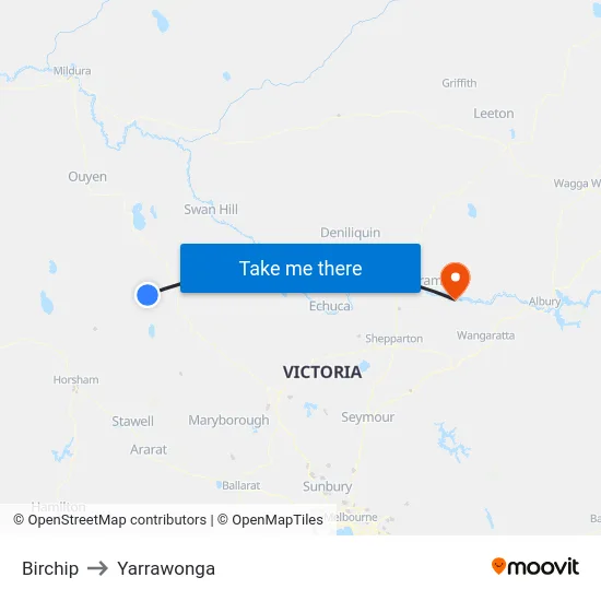 Birchip to Yarrawonga map