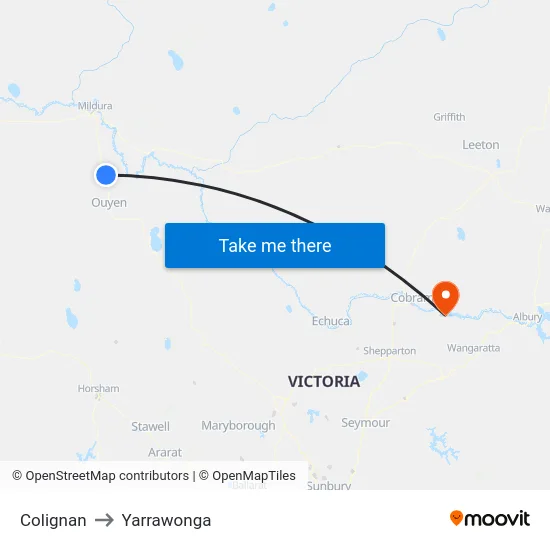 Colignan to Yarrawonga map