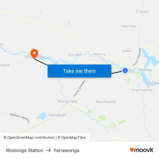 Wodonga Station to Yarrawonga map