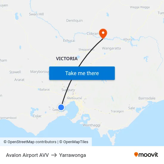 Avalon Airport AVV to Yarrawonga map