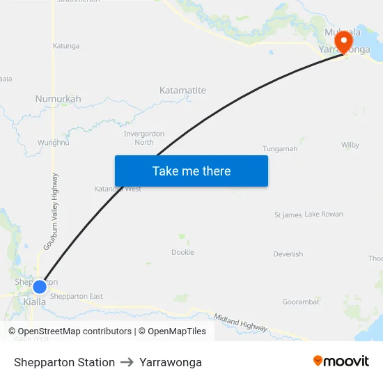 Shepparton Station to Yarrawonga map