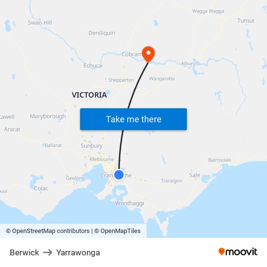 Berwick to Yarrawonga map