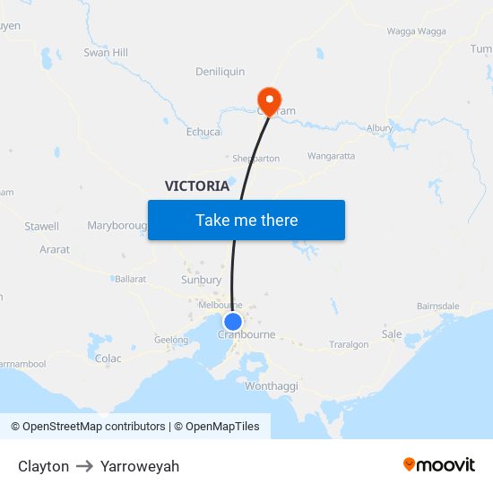 Clayton to Yarroweyah map