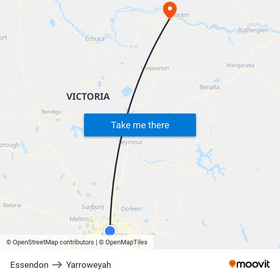 Essendon to Yarroweyah map