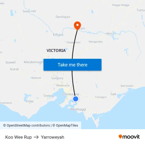 Koo Wee Rup to Yarroweyah map