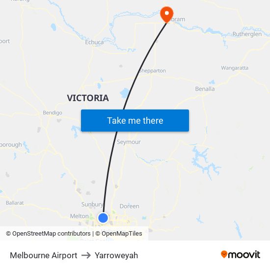 Melbourne Airport to Yarroweyah map