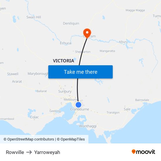 Rowville to Yarroweyah map