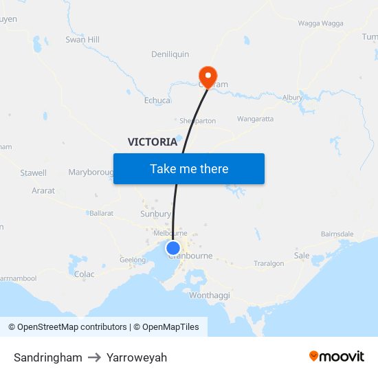 Sandringham to Yarroweyah map