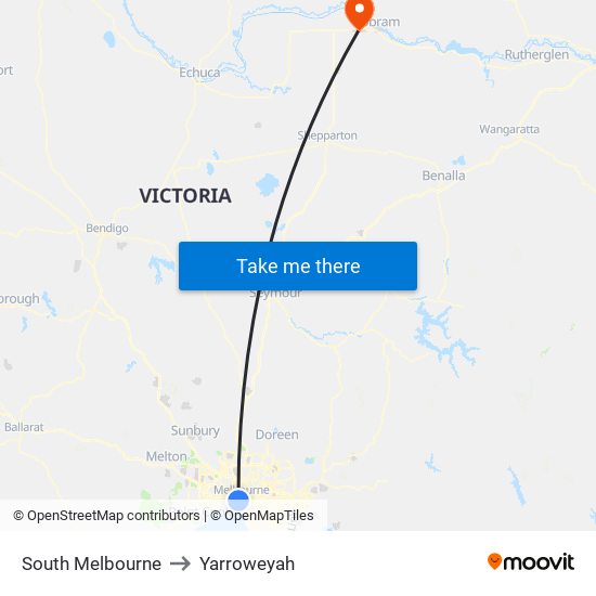 South Melbourne to Yarroweyah map