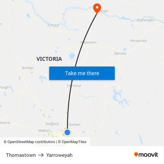Thomastown to Yarroweyah map