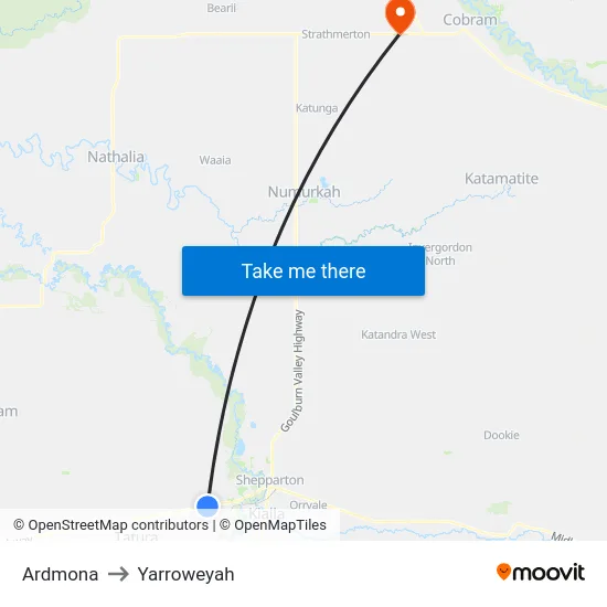 Ardmona to Yarroweyah map