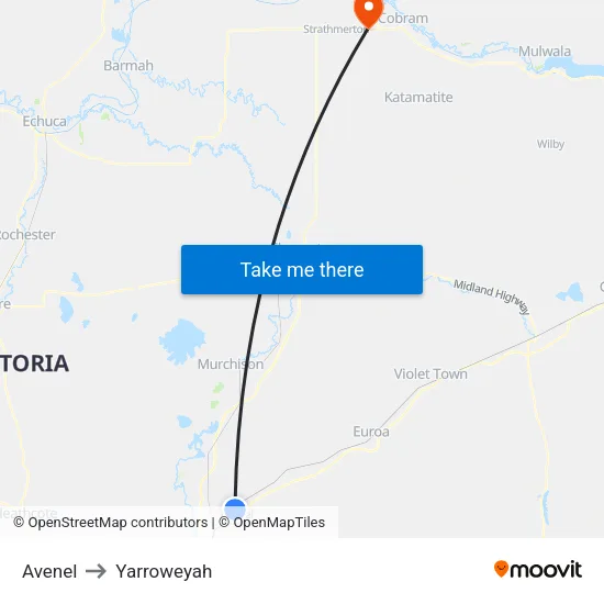 Avenel to Yarroweyah map