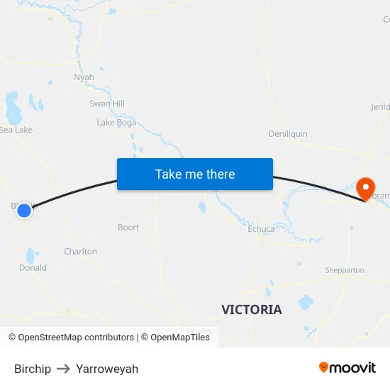 Birchip to Yarroweyah map