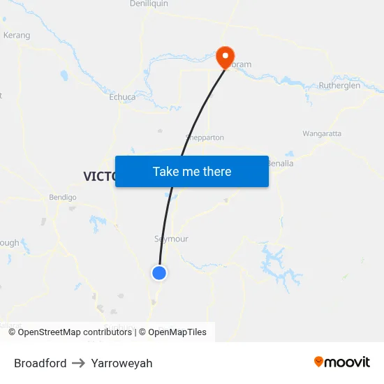 Broadford to Yarroweyah map