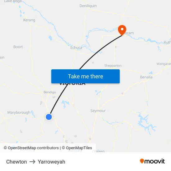 Chewton to Yarroweyah map