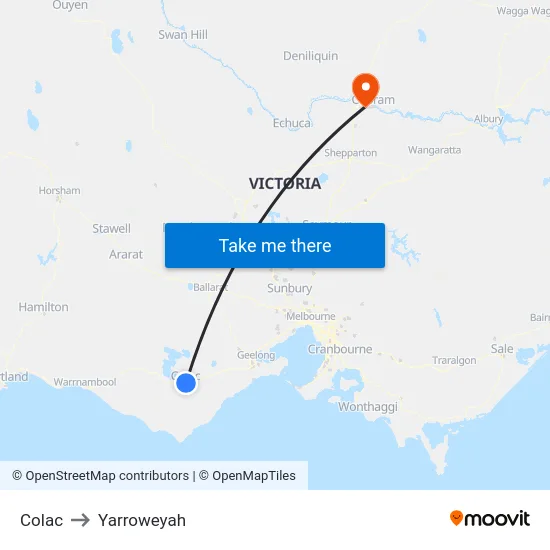 Colac to Yarroweyah map