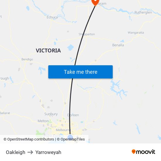 Oakleigh to Yarroweyah map