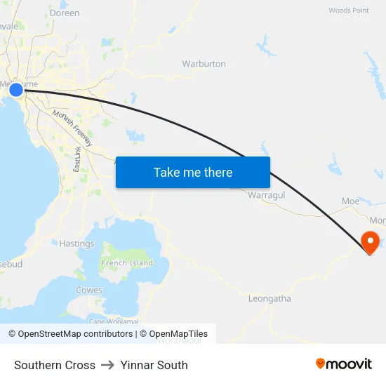 Southern Cross to Yinnar South map