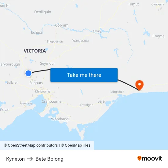 Kyneton to Bete Bolong map