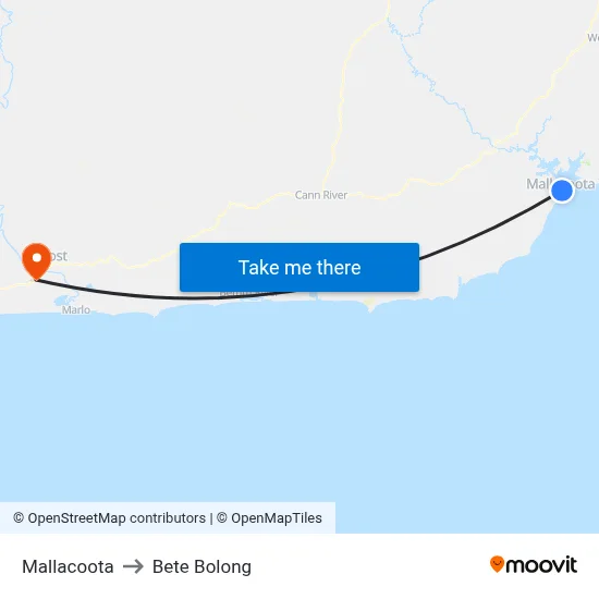 Mallacoota to Bete Bolong map