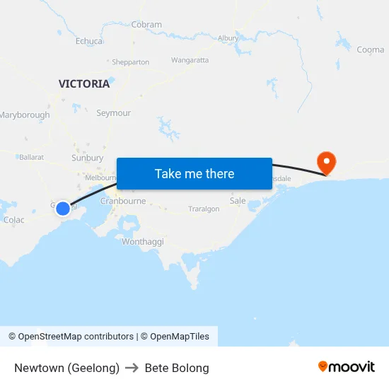 Newtown (Geelong) to Bete Bolong map