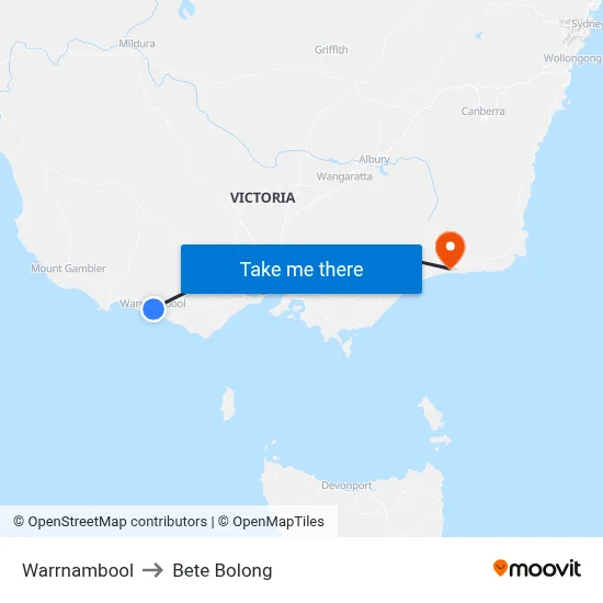 Warrnambool to Bete Bolong map