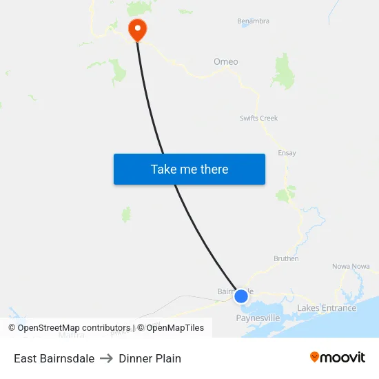 East Bairnsdale to Dinner Plain map