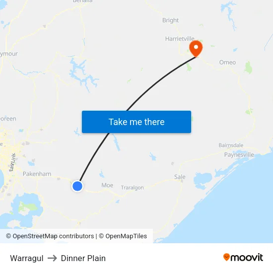 Warragul to Dinner Plain map