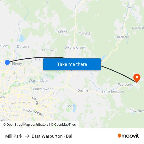 Mill Park to East Warburton - Bal map