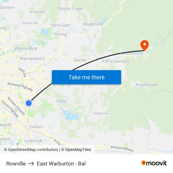 Rowville to East Warburton - Bal map