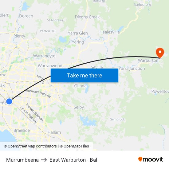 Murrumbeena to East Warburton - Bal map