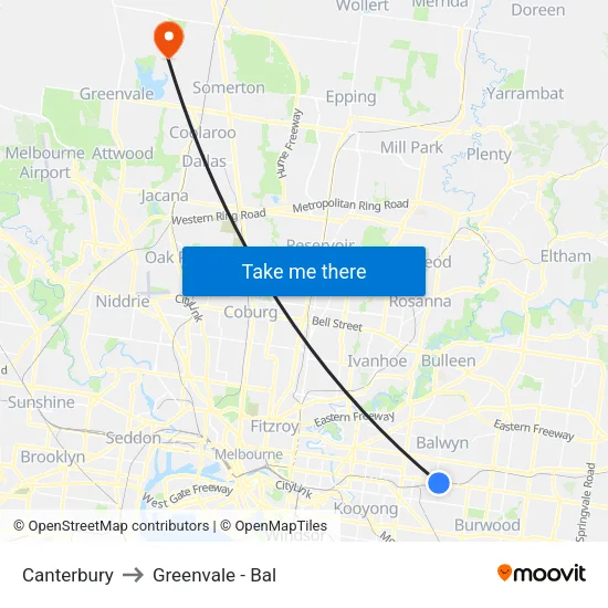 Canterbury to Greenvale - Bal map