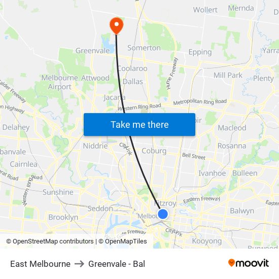 East Melbourne to Greenvale - Bal map