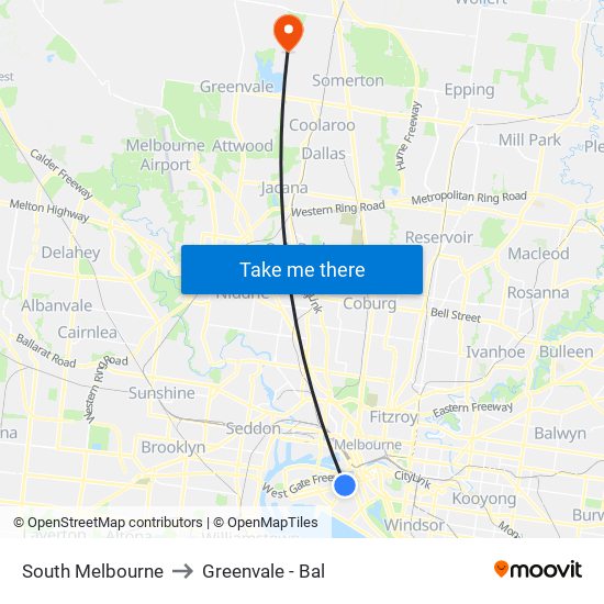 South Melbourne to Greenvale - Bal map