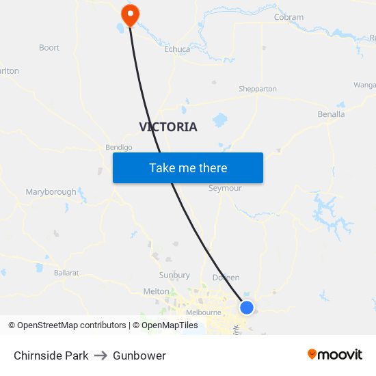 Chirnside Park to Gunbower map